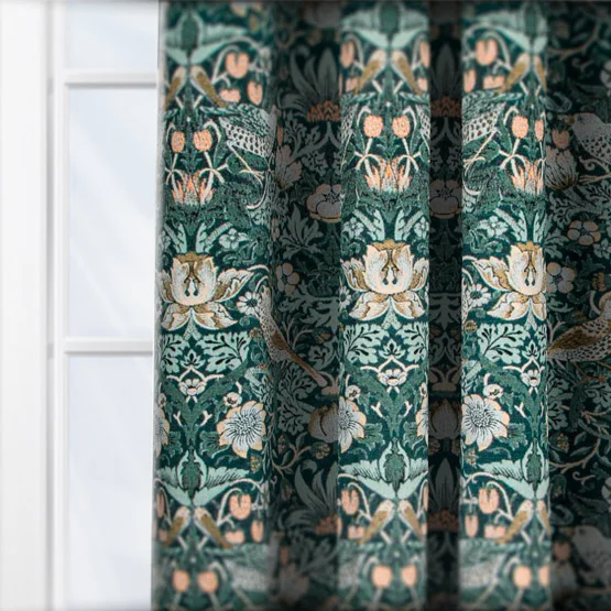 Morris & Co Strawberry Thief Jacquard Floral Forest Green Pencil Pleat rm_curtain