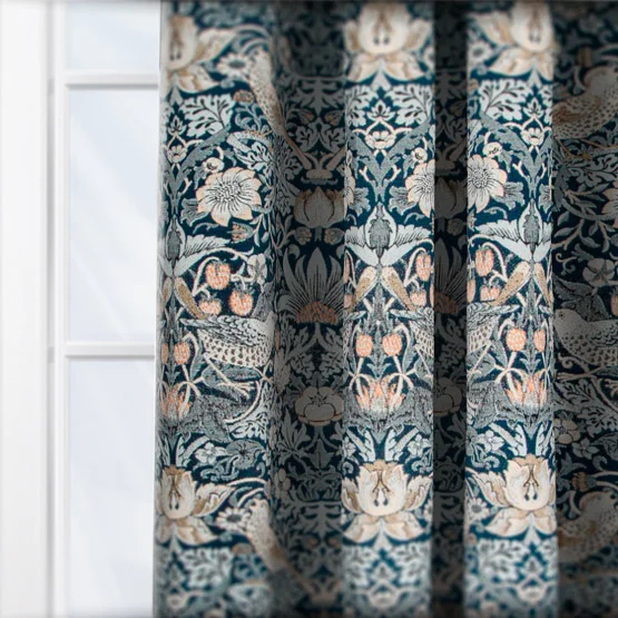 Morris & Co Strawberry Thief Jacquard Floral Indigo Pencil Pleat rm_curtain