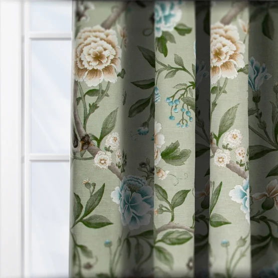 Sanderson Porcelain Garden Printed Chenille Sage Pencil Pleat rm_curtain