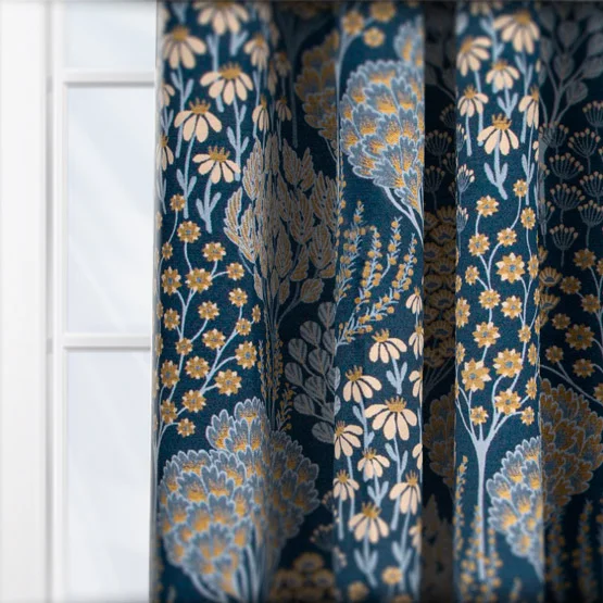 Wylder Ophelia Floral Jacquard Blue and Saffron Pencil Pleat rm_curtain