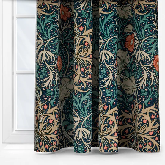 Morris & Co Seaweed Printed Velvet Indigo Pencil Pleat rm_curtain
