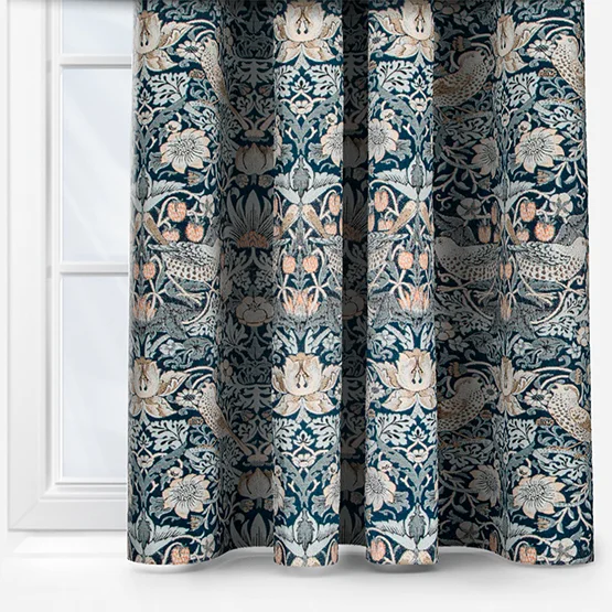 Morris & Co Strawberry Thief Jacquard Floral Indigo Pencil Pleat rm_curtain