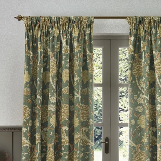 Morris & Co Cray Floral Velvet Sage and Sunflower Pencil Pleat rm_curtain