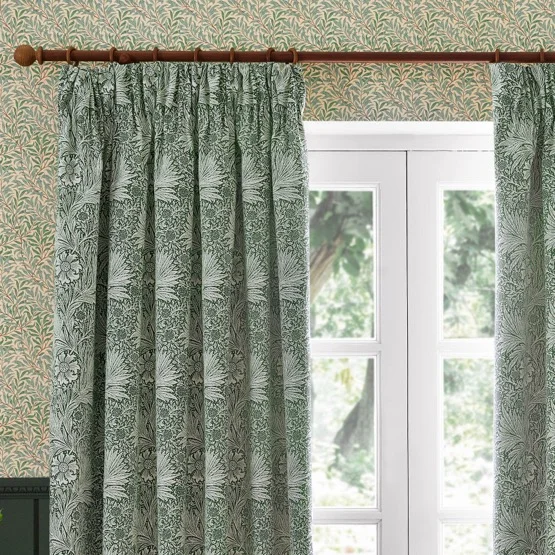 Morris & Co Marigold Floral Jacquard Leaf Green Pencil Pleat rm_curtain