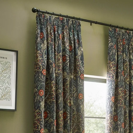 Morris & Co Seaweed Printed Velvet Indigo Pencil Pleat rm_curtain