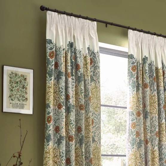 Morris & Co Seaweed Printed Velvet Stone and Sunflower Pencil Pleat rm_curtain