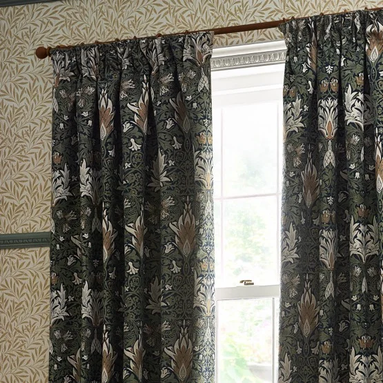 Morris & Co Snakesheads Jacquard Chenille Indigo and Leaf Pencil Pleat rm_curtain