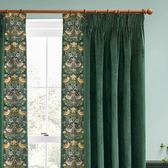 Morris & Co Strawberry Thief Embroidery Floral Forest Green Pencil Pleat rm_curtain