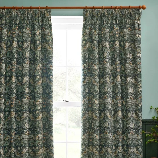 Morris & Co Strawberry Thief Jacquard Floral Forest Green Pencil Pleat rm_curtain