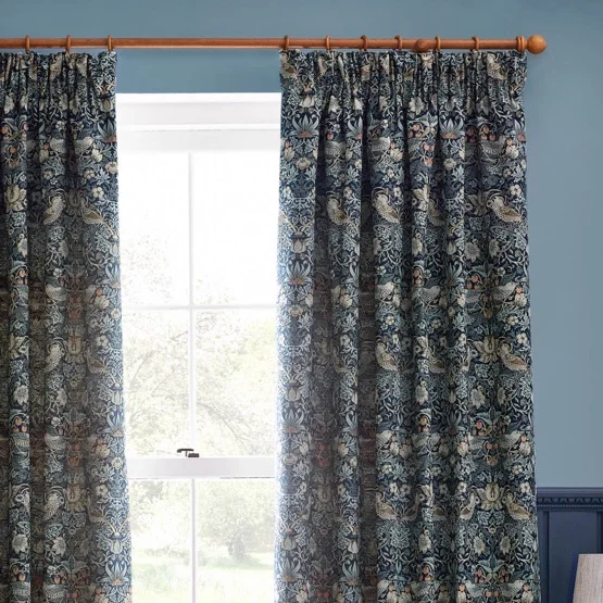 Morris & Co Strawberry Thief Jacquard Floral Indigo Pencil Pleat rm_curtain