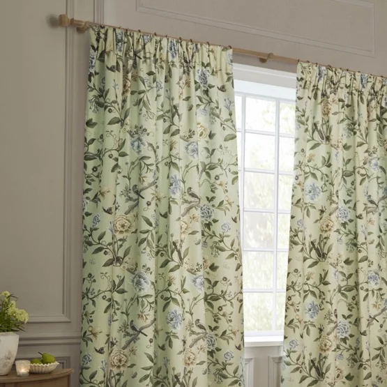 Sanderson Porcelain Garden Printed Chenille Sage Pencil Pleat rm_curtain