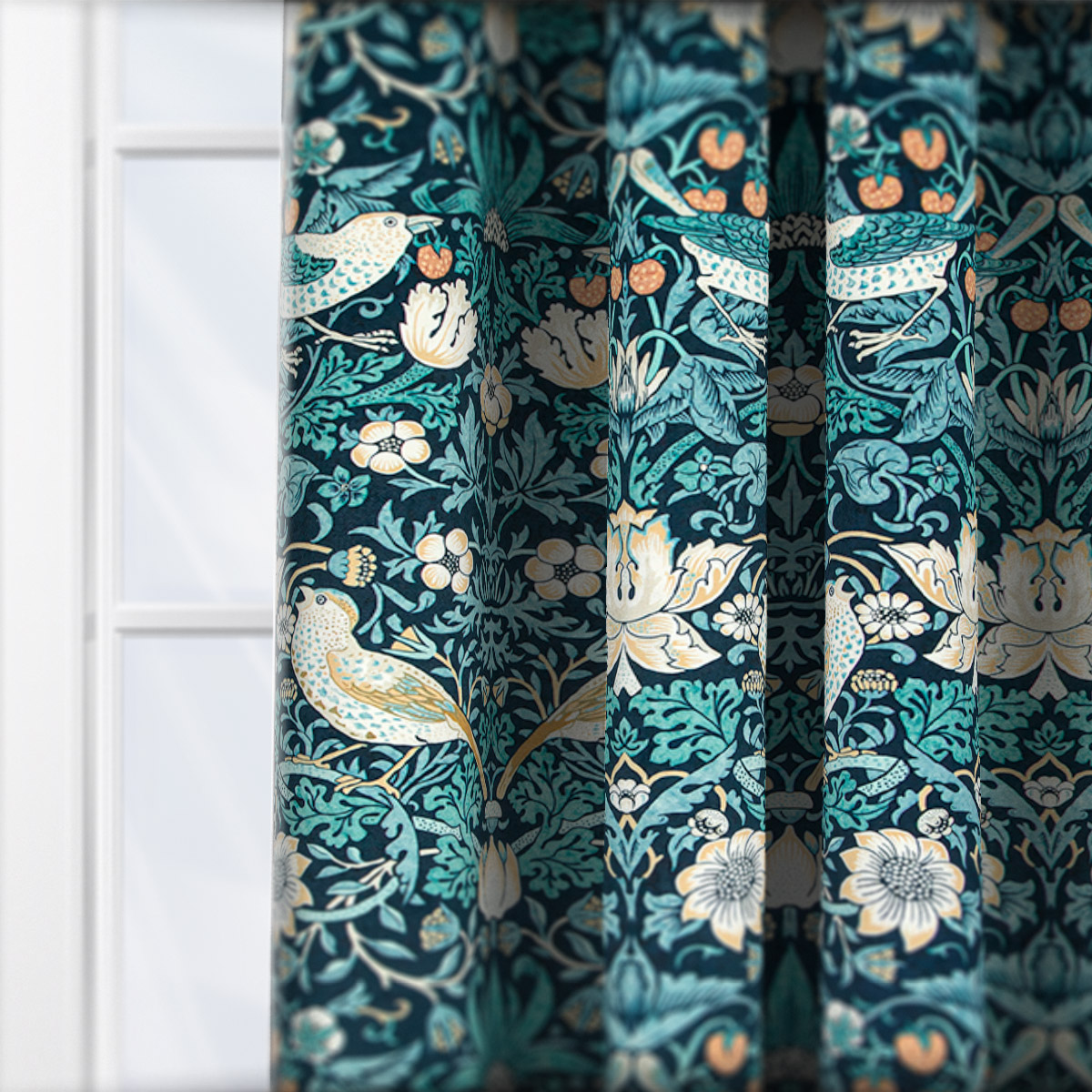 William Morris At Home Strawberry Thief Velvet Indigo Curtain